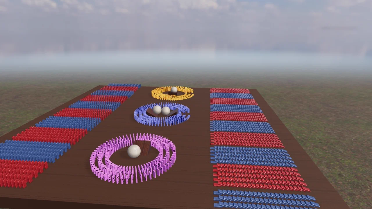 Marbles on ramps between striped fields of dominoes